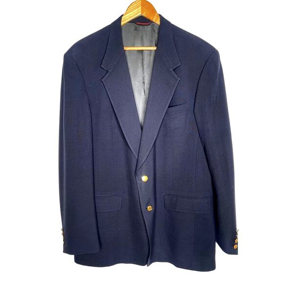 Hart Schaffner & Marx 44L 100% Wool Blazer Gold Buttons Jacket Long Navy Blue - Picture 1 of 9